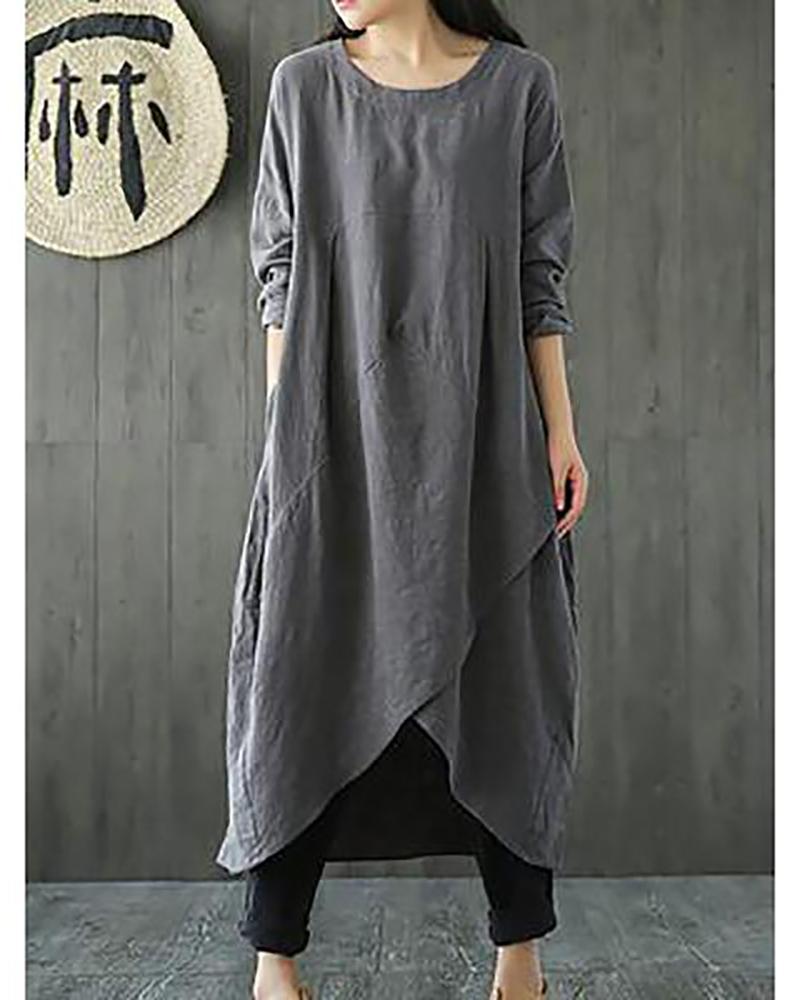 Woman Plus Size Linen-Cotton Dress Vintage Long Sleeve Maxi Dress