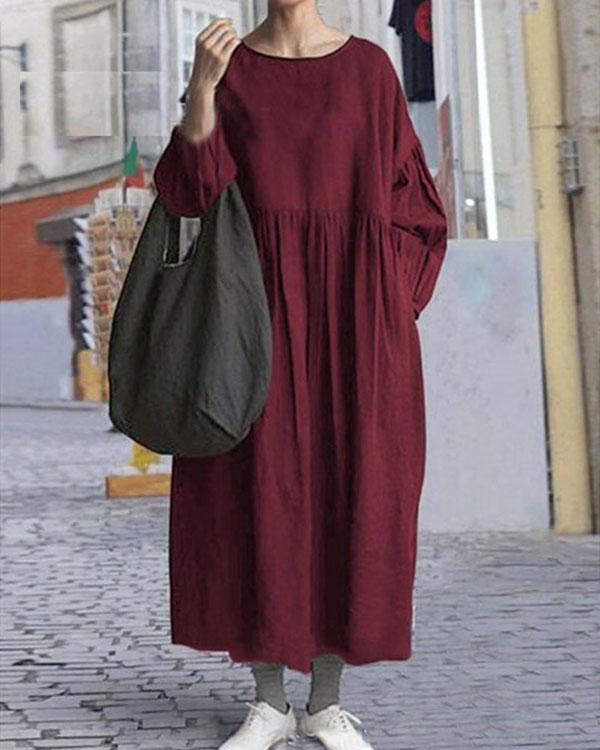 Casual Pure Color O Neck Linen Cotton Cocoon Dress