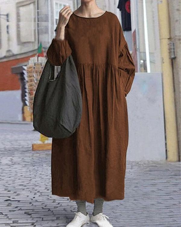 Casual Pure Color O Neck Linen Cotton Cocoon Dress