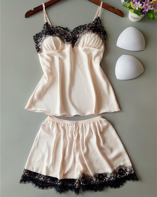 Satin Eyelash Lace Cami Set