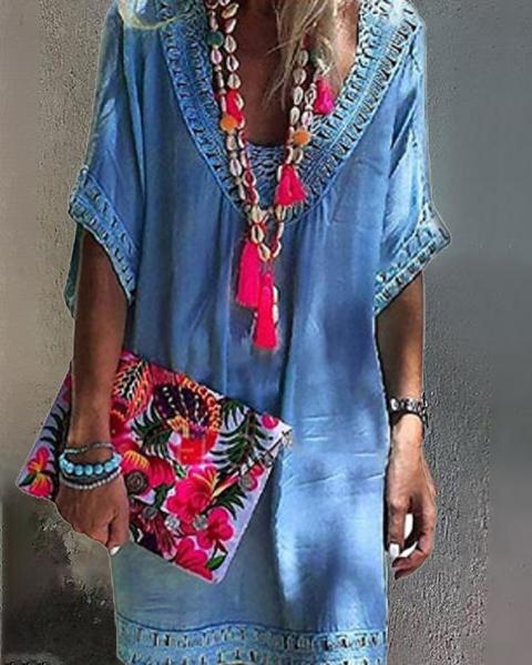 Women Summer Plus Size Dress Boho Solid Half Sleeve Vacation Dress